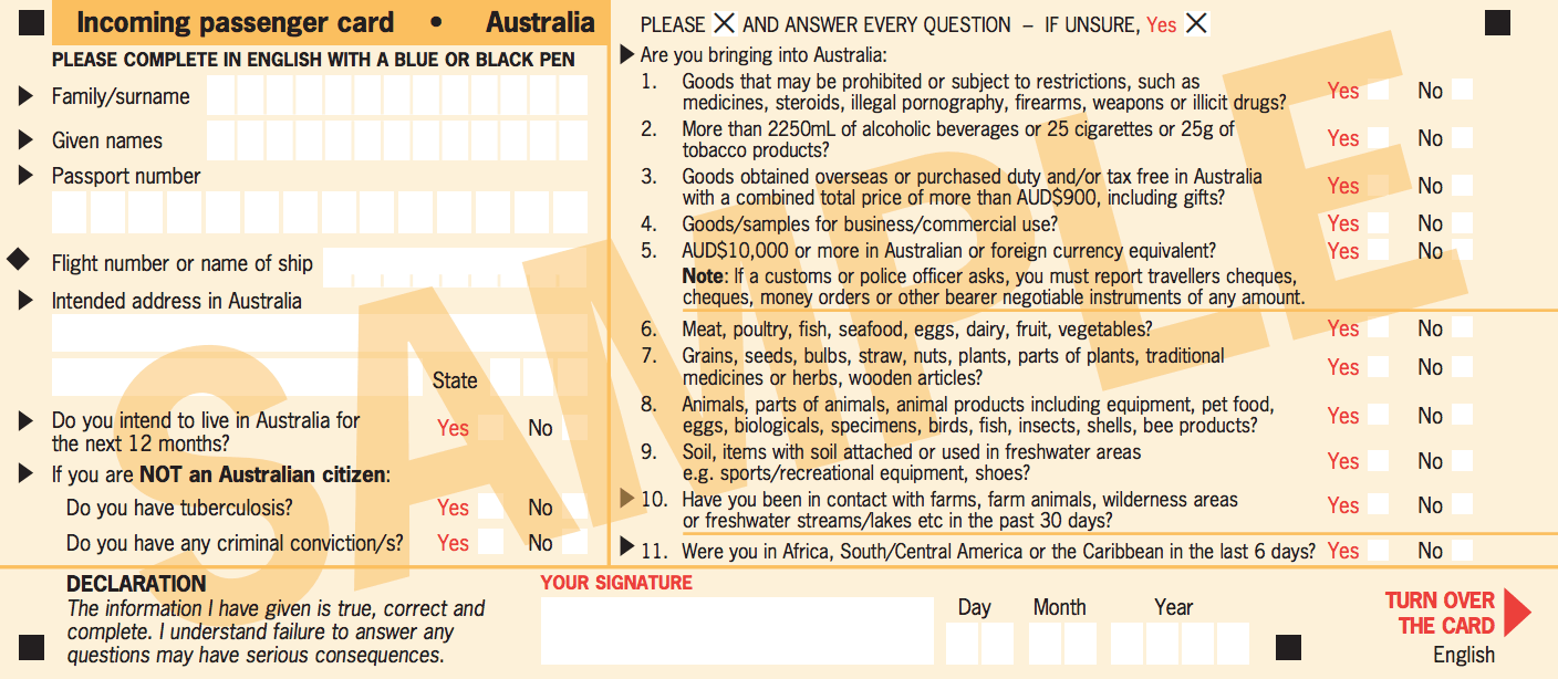 Incoming Passenger card page 1 of 2 - Overseas Students Australia